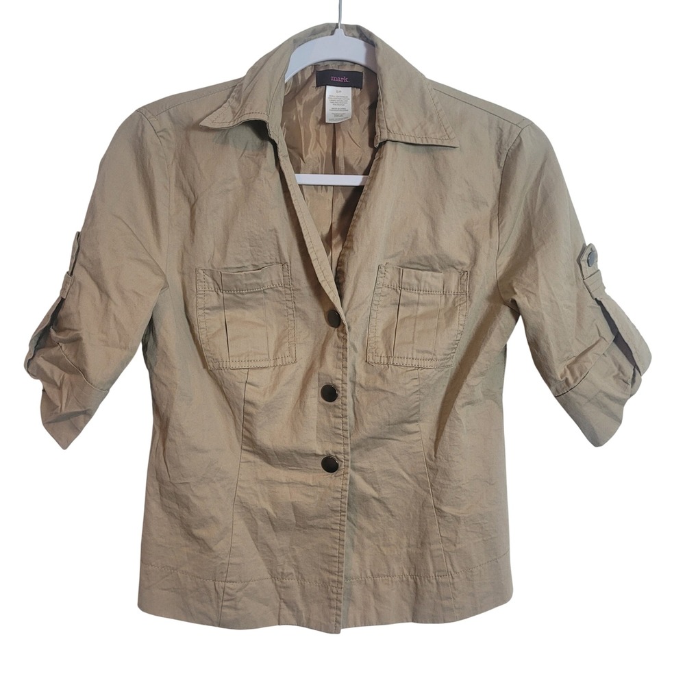 Mark Women Khaki Tan Cotton Utility Jacket Roll Tab Sleeve Size Small Safari